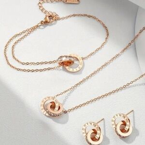 NWT Rose Gold 3/Stainless Steel Rose Rhinestone Earring, Necklace, Brace…